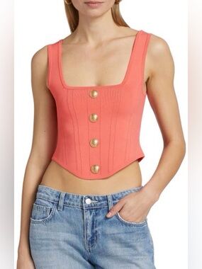 L'AGENCE Saga Knit Corset Button-Front Top in Coral Rose